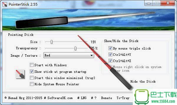 鼠标指针虚拟指点棒PointerStick下载-鼠标指针虚拟指点棒PointerStick绿色免费版(给鼠标添加指点棒)下载v2.77